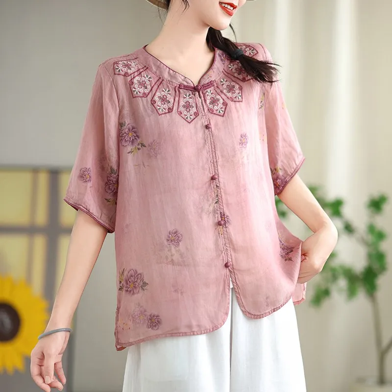 Chinese-Style Pink Patchwork Printed Short Sleeve Shirt main image 0