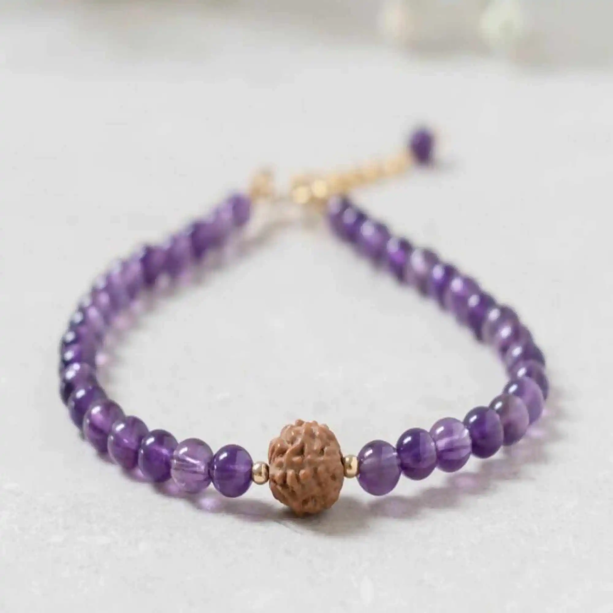 

Natural 4mm Amethyst brown Rudraksha beads 14K gold fill Bracelet Chakra Blessing Glowing Meditation Taseel Wrist Buddhism