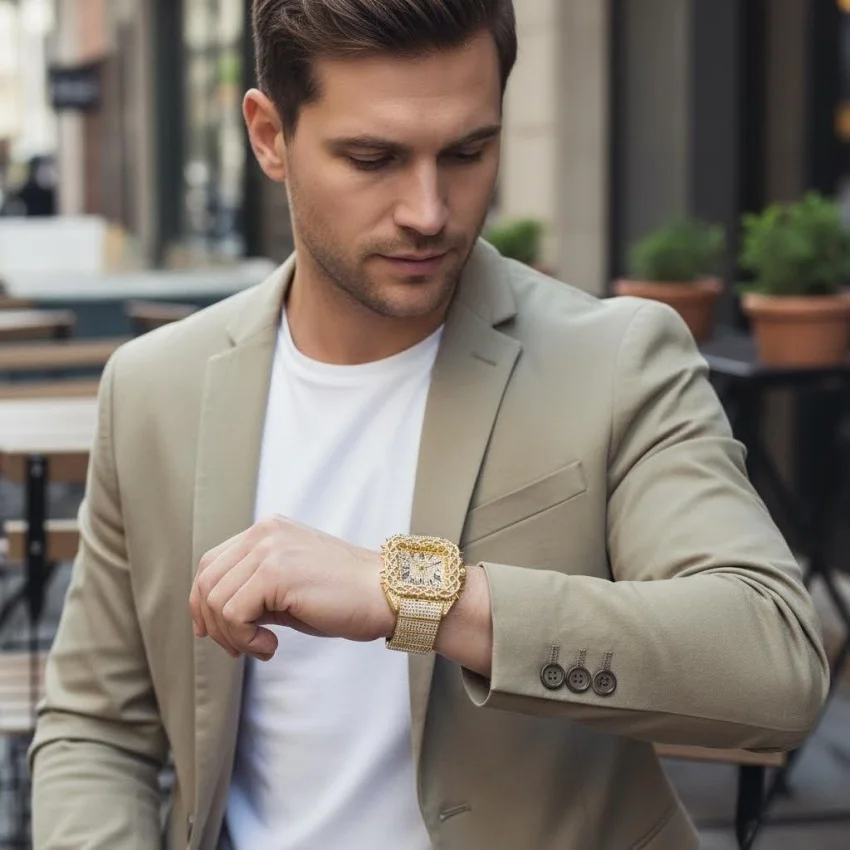 Hip Hop Men's Iced-Out Diamond Luxury Quartz Watch with Date Feature