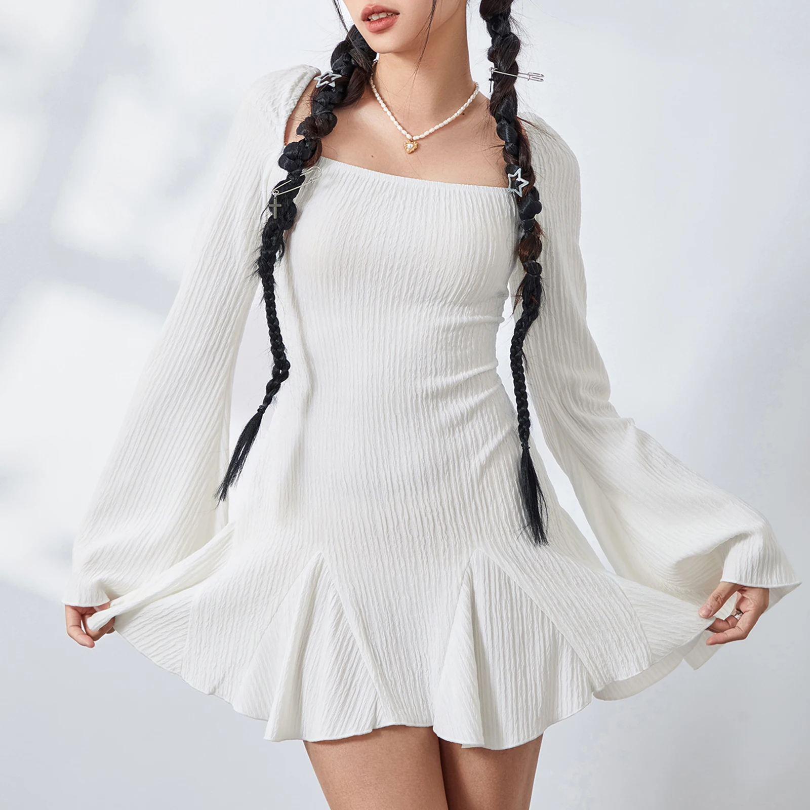 

Women Spring Fall Long Sleeve Dress Casual Solid Color Backless Ruffled Party Mini Dress for Beach Cocktail Club Streetwear