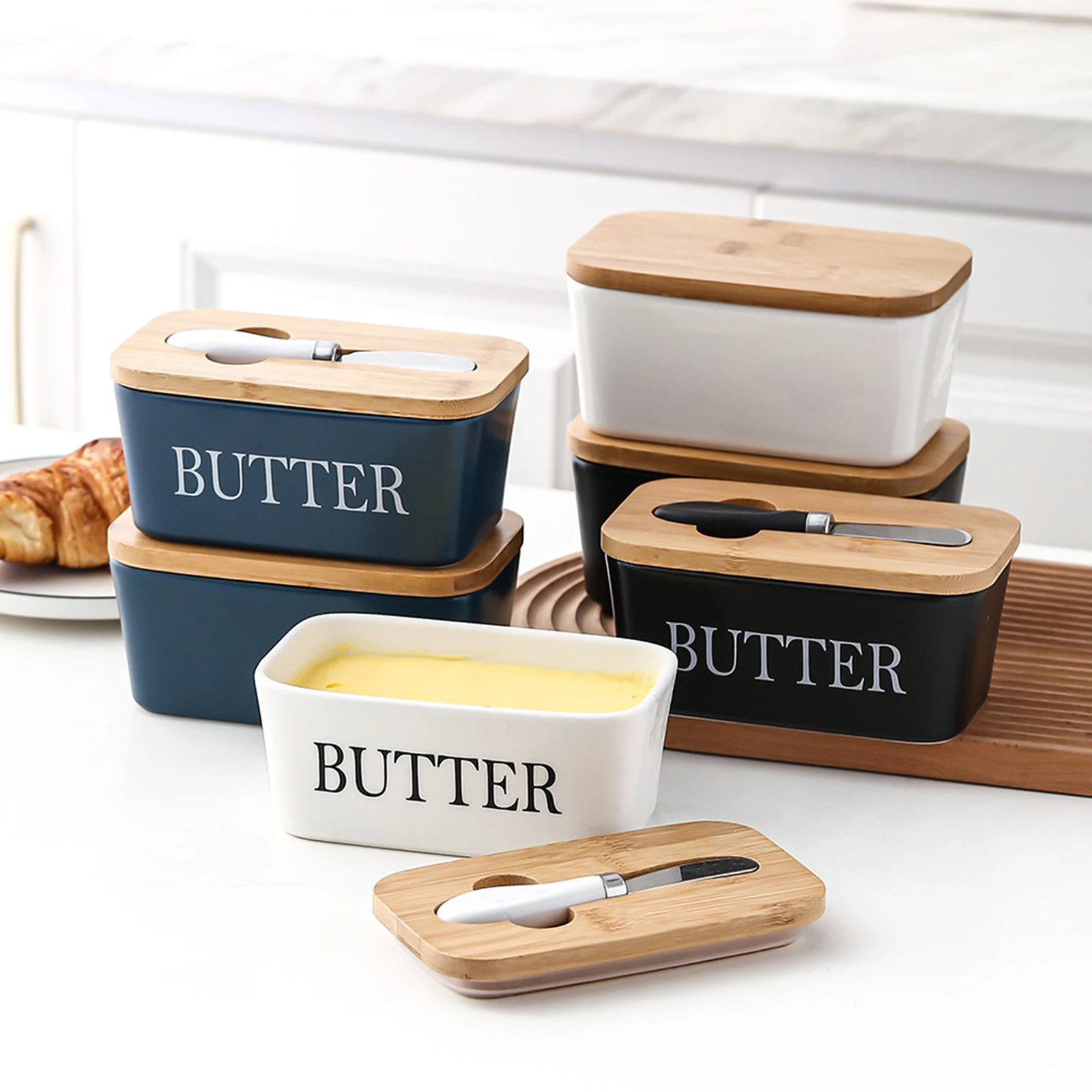 Ceramic Butter Container Box Restaurant Seal Storage Boxes Cheese Box with Knife Multiuse Preservation Butter Dish Tableware butter storage box