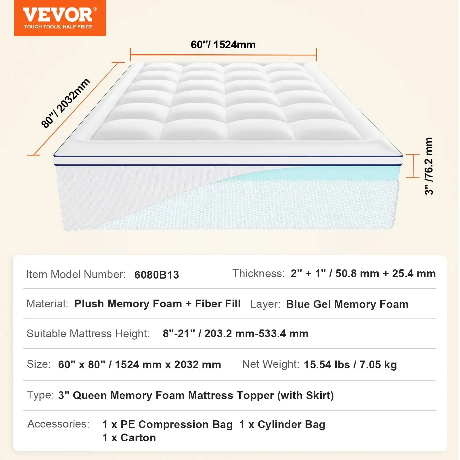 Mattress Topper Premium Memory Foam Fiber Fill Queen Size 3 in Thickness 6