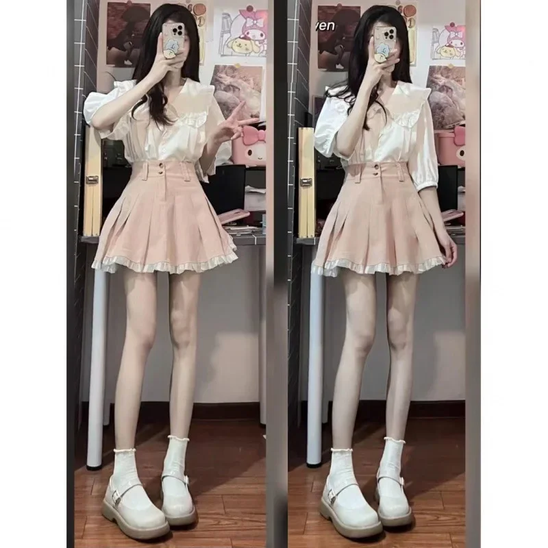 Preppy Style Sweet Cute Women's Fashion Suit 2023 Summer New Peter Pan Collar Shirt High Waist Slim Pleated Skirt Two-Piece Set