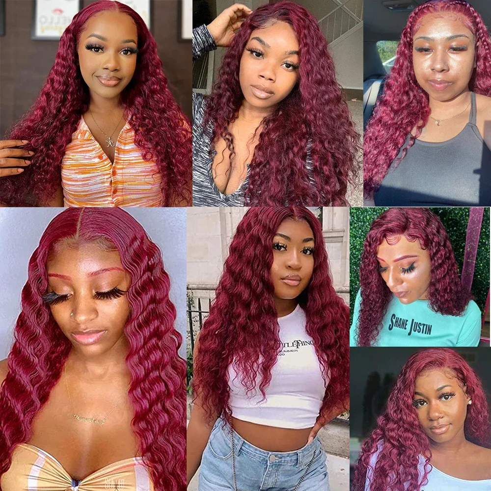 200 Density 99J Burgundy Deep Wave 13x6 HD Lace Frontal Human Hair Wig Curly Water Wave Lace Front Wigs For Black Women