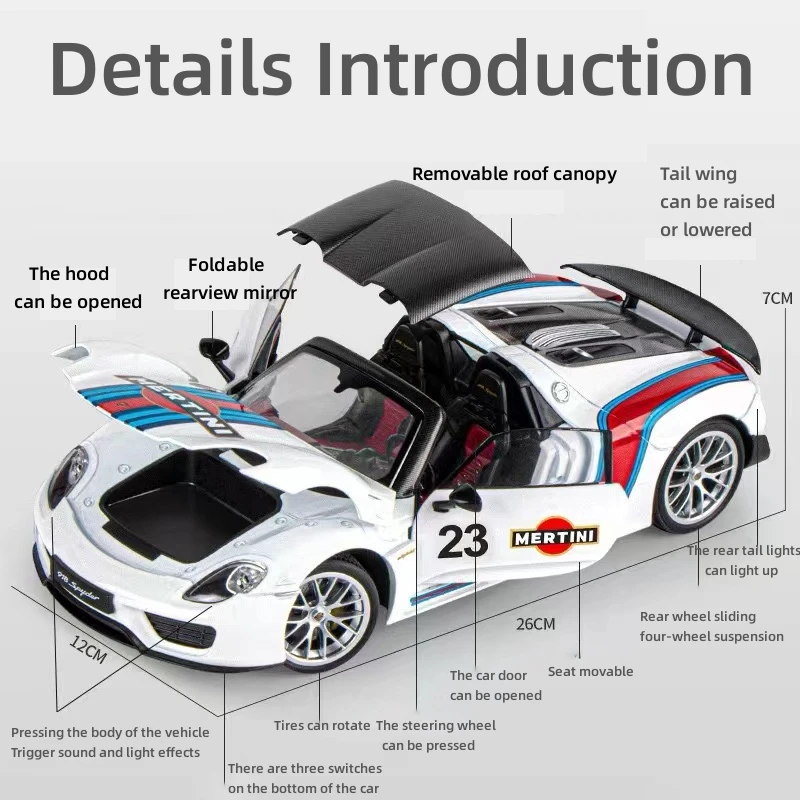 1:18 Scale Car Model Porsche Martini 918 Spyder Alloy