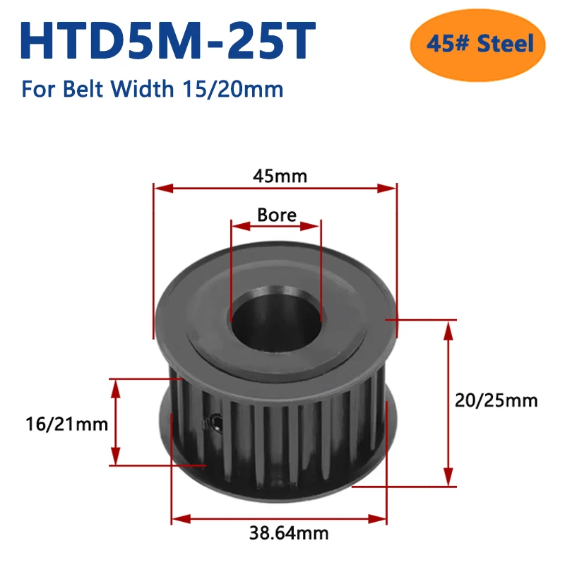

1pc 25 Teeth HTD5M 45# Steel Timing Pulley HTD 5M 25T Synchronous Wheel for Belt Width 15/20mm Bore 5 6 6.35 8 10 12 12.7-25mm