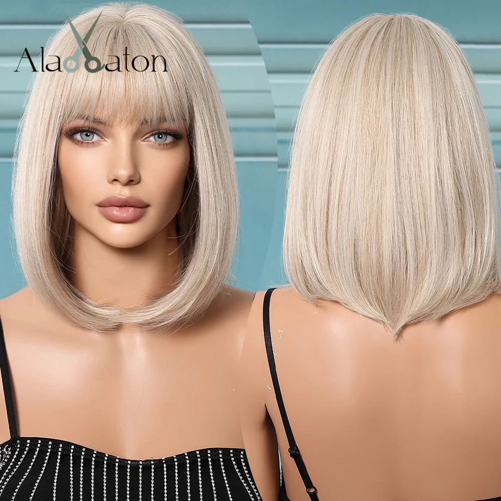 ALAN EATON Shoulder Length Blonde Synthetic Wigs Short Straight Wigs with Bangs Natural Looking Bob Hair Daily High Temperature