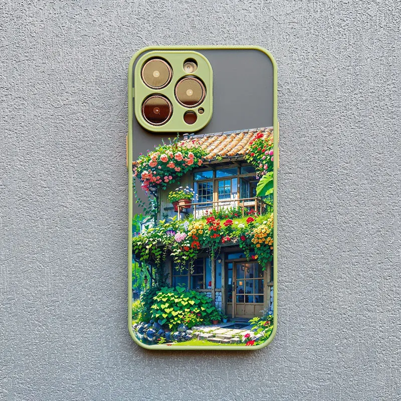 Fower Blooming House Phone Case Matte For iphone 15 14 11 12 13 Mini Pro Max 15 14 Plus X XS XR 7 8 Plus Shockproof Back Cover