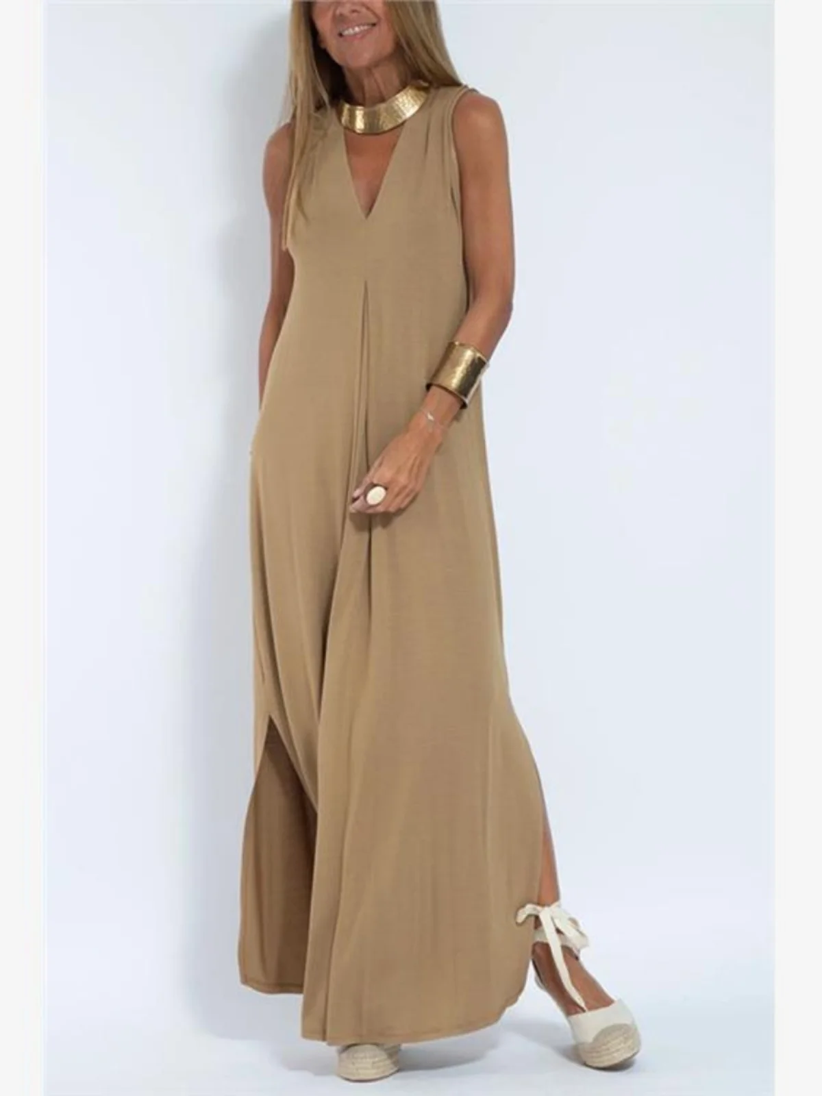 Pure Color V-ne Pullover Dr Mid-waist Long Skirt No-sve Basic Sle Spring Summer Autumn Wear Polyester Fiber