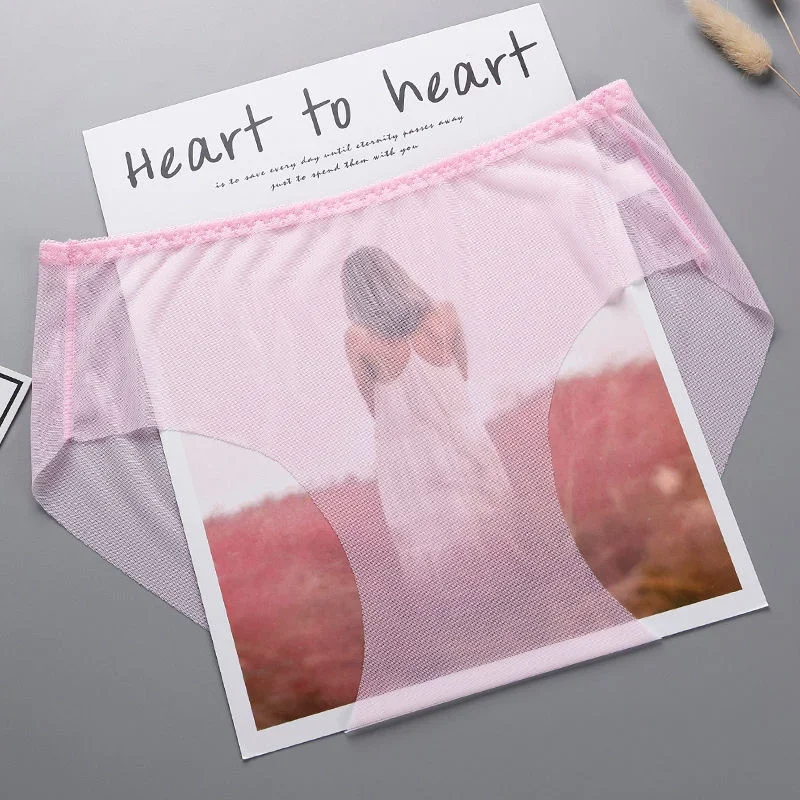 Women Underwear Solid Color Seamless Perspective Mesh Briefs Ultra-thin Plus Size M-3XL