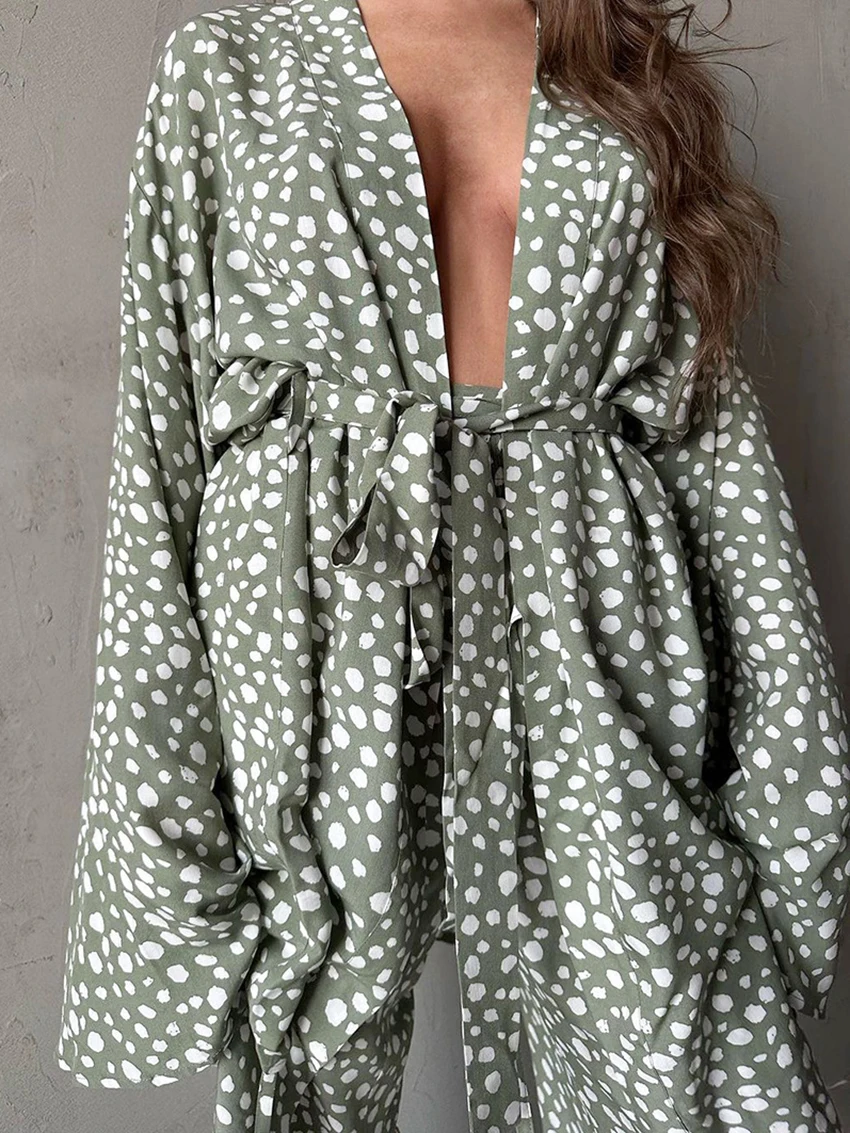 Marthaqiqi Spring Femme Sleepwear Set Sexy V-Neck Long Sleeve Pajama Lace Up Nightgowns Pants Printing Casual Women Pyjamas Suit