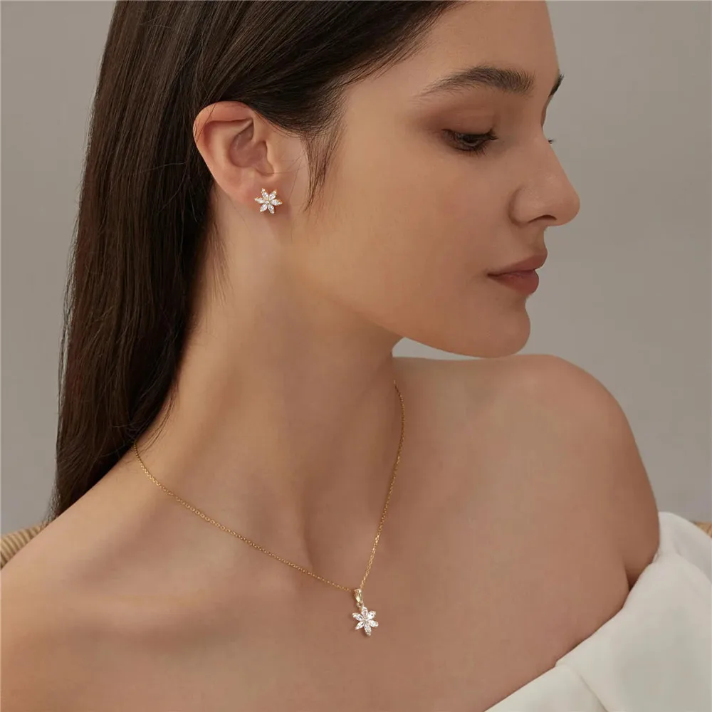 ROGHTS-Ensemble de boucles d'oreilles flocon de neige en argent regardé 925 avec pendentif, boucles d'oreilles à tige, collier, bijoux de fête de fiançailles, Noël, hiver, 3 pièces