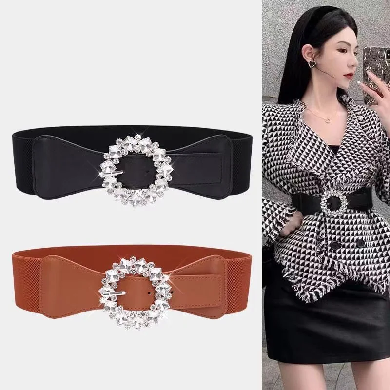Fashion Ladies Rhinestone Round Buckle Elastic Girdle Two-layer Cowhide Wide Belt Versatile Suit Dress Accessories Waistband new style full diamond ladies belt jeans with pin buckle belts wild fashion cowhide rhinestone korean skirt belt for women