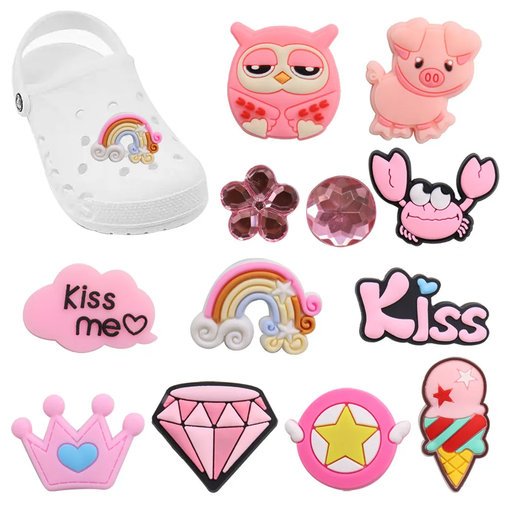 

Mix 50pcs PVC Pink Croc Jibz Buckle Kiss Me Owl Rainbow Pig Crab Crown Diamond Ice Cream Shoe Charms Slipper Accessories