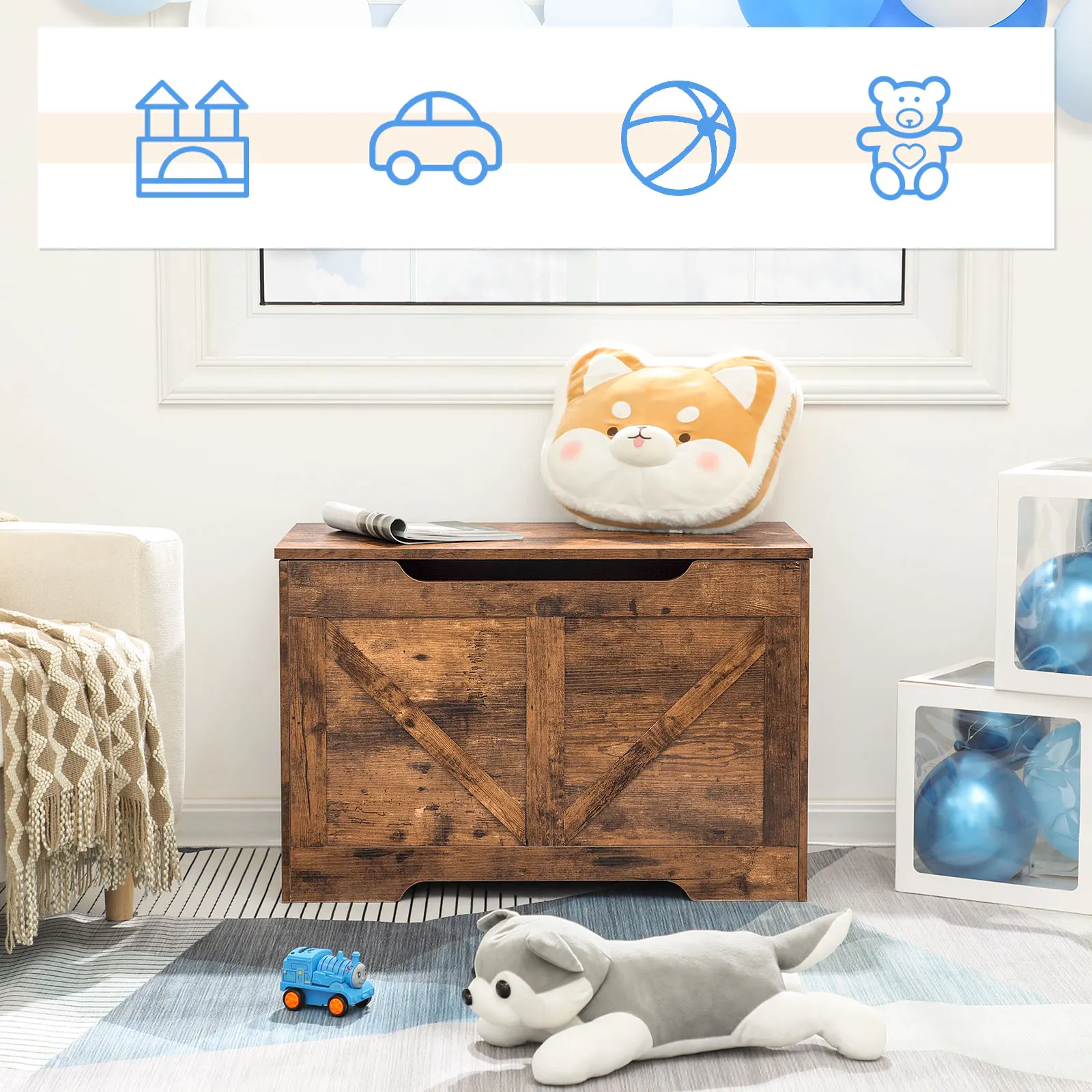 HOOBRO Storage Chest Bench With Lid And Storage Space Retro Toy Box Organizer With U-Shaped Cut-Out Pull Safety Hinge Wooden 4