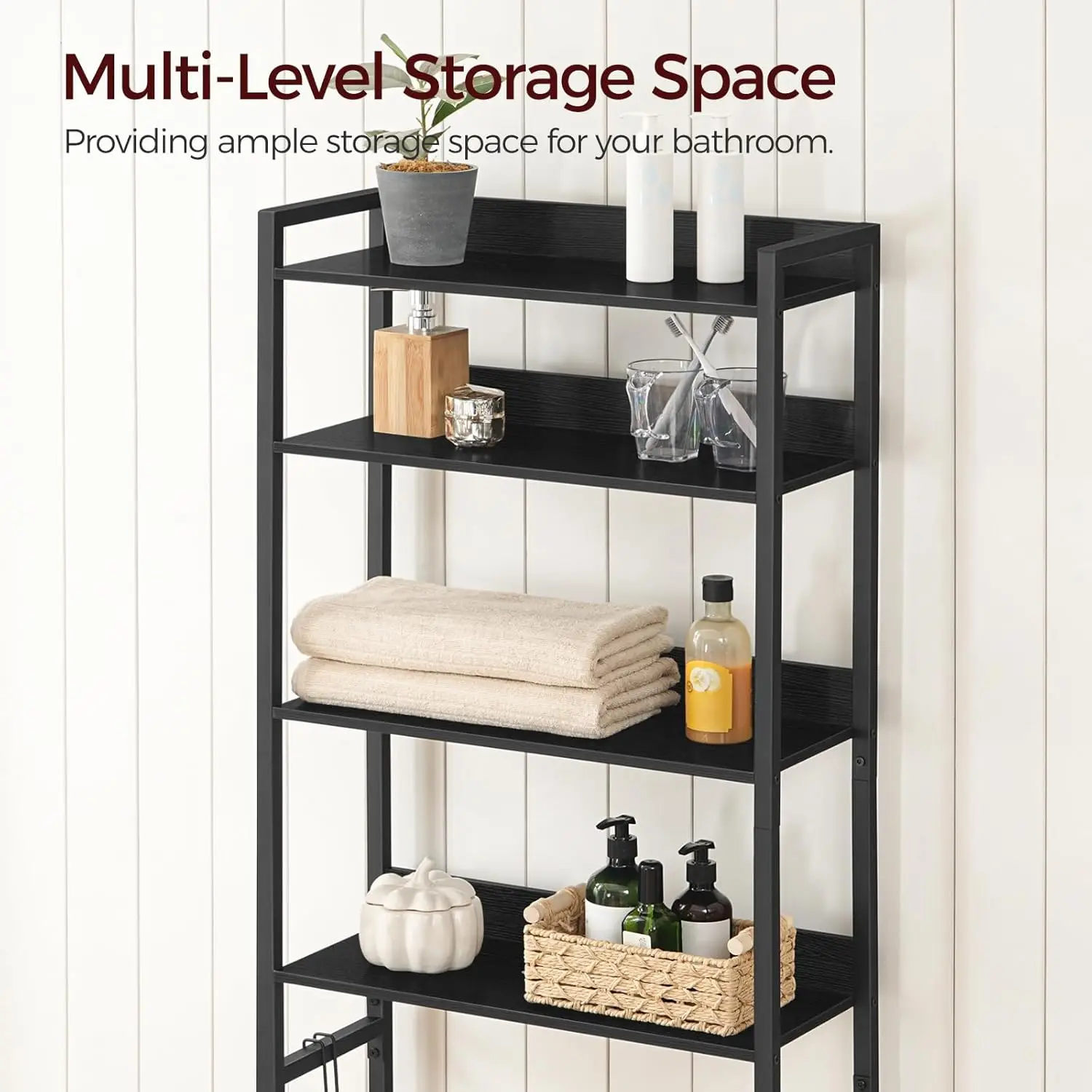 Over Toilet Storage Rack. 4 Tier Organizer. Freestanding, 2 Hooks. Easy Assembly. Black. TSHB0401