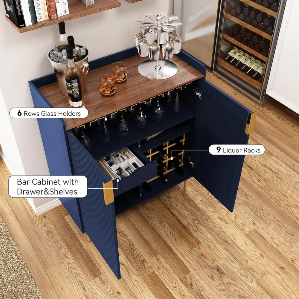 Sideboard Buffet Cabinet with Fluted Texture, Modern Coffee Bar Cabinet with Wine Rack&Drawers, Blue Liquor Cabinet for Kitchen