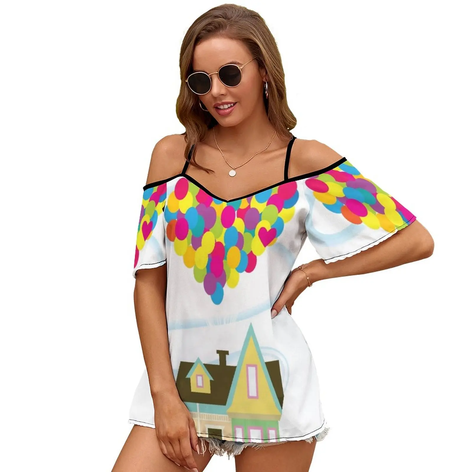 Up , Up E Away Top Manica Corta Da Donna O-Collo Scava Fuori Tracolla Tees Streetwear Up Pixar House Love
