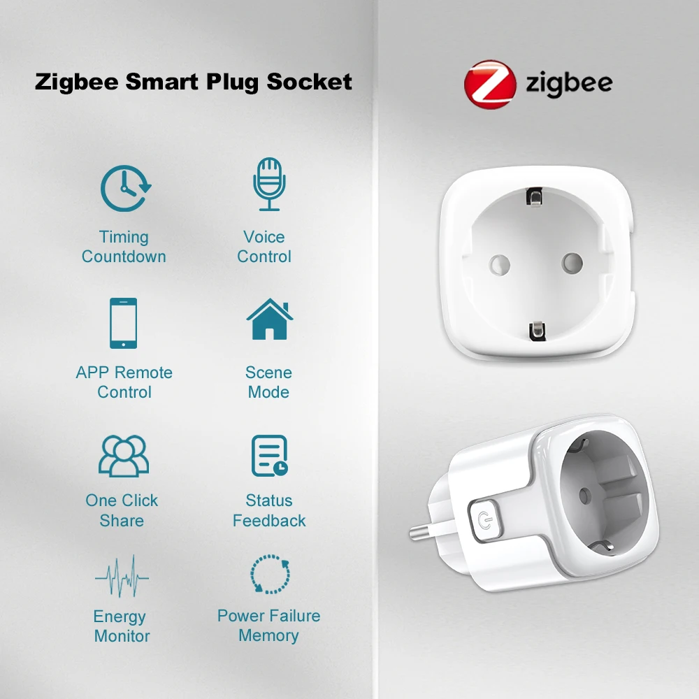 EU Plug Zigbee3.0 20A adapter,Smart Socket Monitor Timing  outlet With Power Monitor Work With Google Home Zigbee2MQTT
