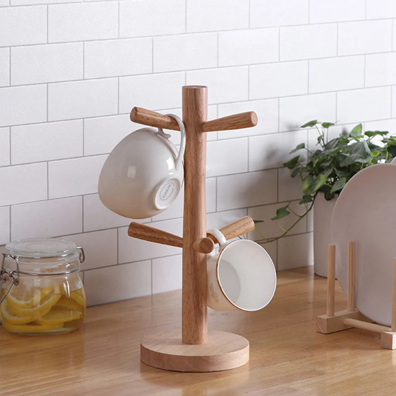 6 Hooks Mug Holder Tree Wooden Cup Holder Mug Tree Rack Tabletop Holder Tea Coffee Cup Hooks Tree