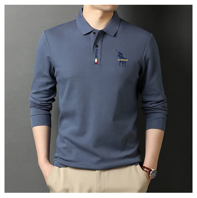 New Men's Solid Color Embroidery Lapel Long-sleeved T-shirt Men's Casual Business Outdoor Polo Shirt