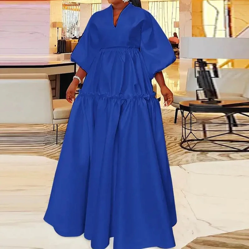 

Sexy V-neck Short Sleeve Commuter Dress 2023 Women High Waist Pleated Robe Dress Vintage Solid Loose Ruffle Long Dress Vestidos