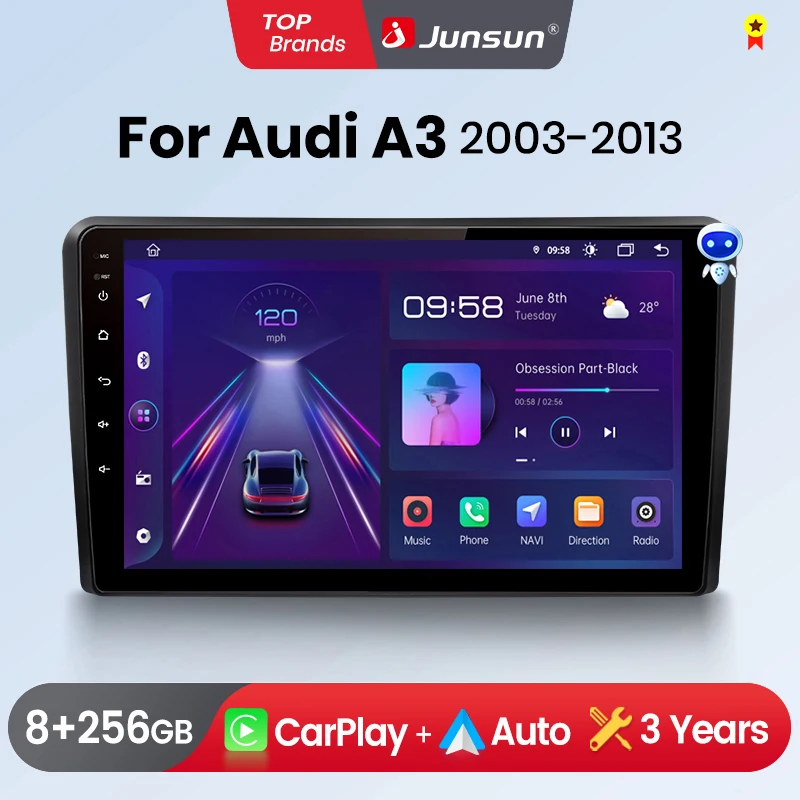 Junsun-REPRODUCTOR Multimedia Inalámbrico para coche, Radio estéreo con sistema inteligente GPS, CarPlay, Android, para Audi A3, 8P, 2003