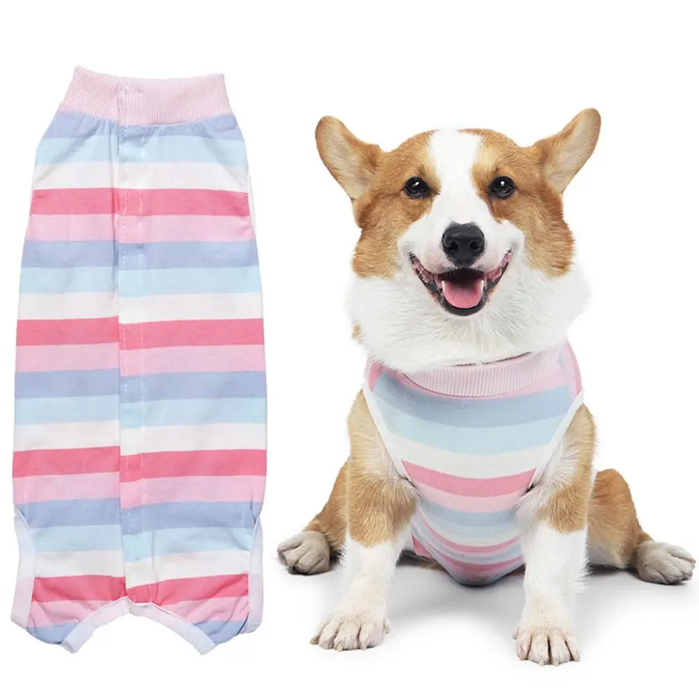 [ s ] Pet Dog Striped Abdominal Wounds Clothes With Button Anti-licking Snugly Bodysuit After Surgery Pet Supplies