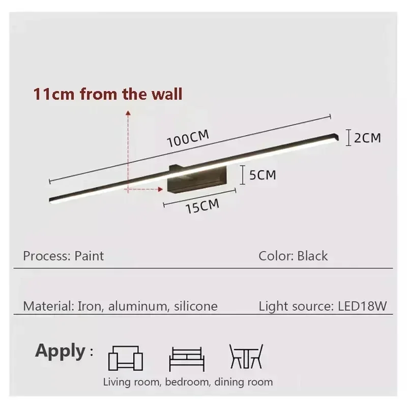 LED Wall Lamp 40/60/80/100cm Mirror Decor Lighting Modern Long Strip Bathroom Washroom Kitchen Indoor