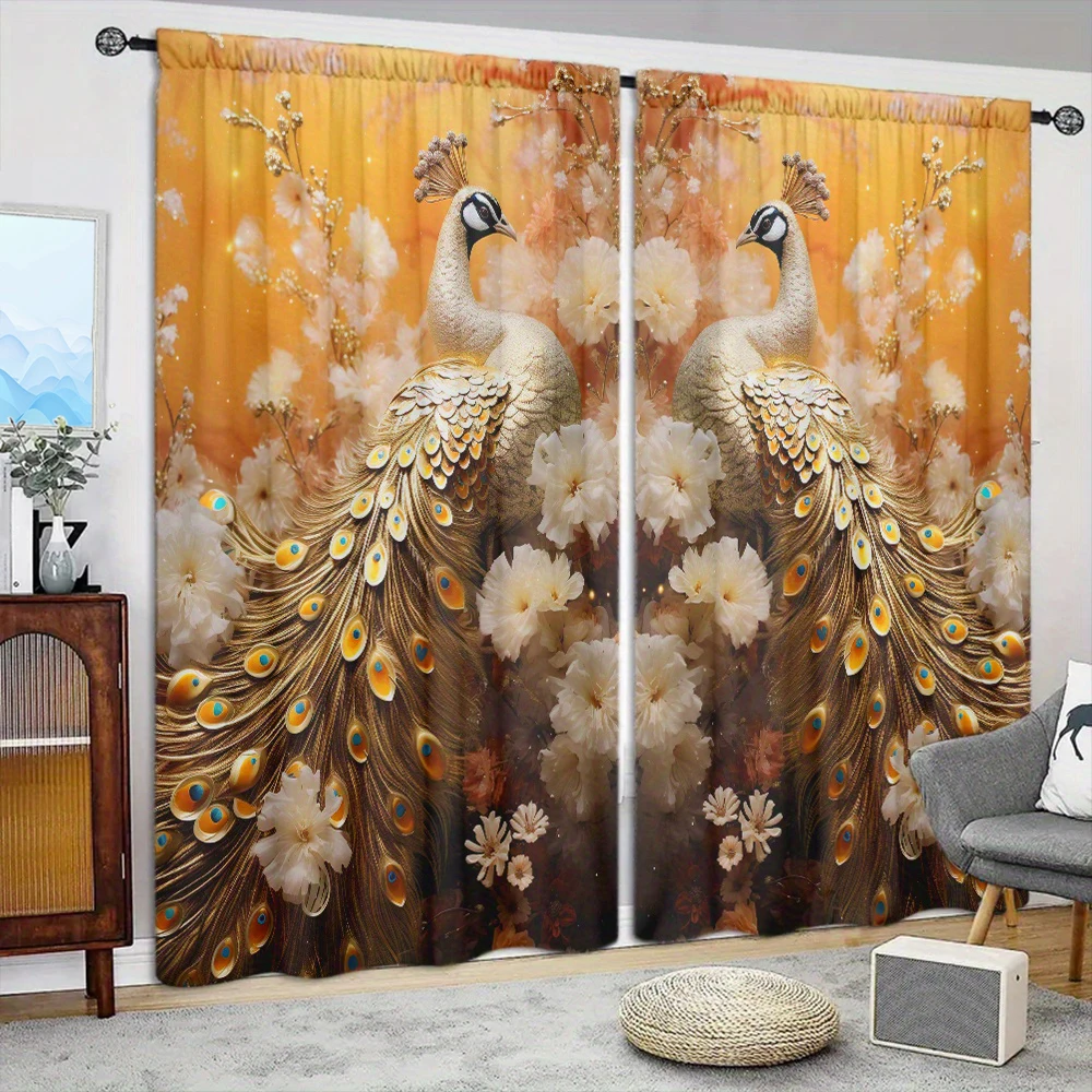 Description Picture 2 of item2pcs Luxury Style Peacock Printed Curtain for Home Decor - Rod Pocket Window Treatment for Bedroom, Office, Kitchen, Living Room