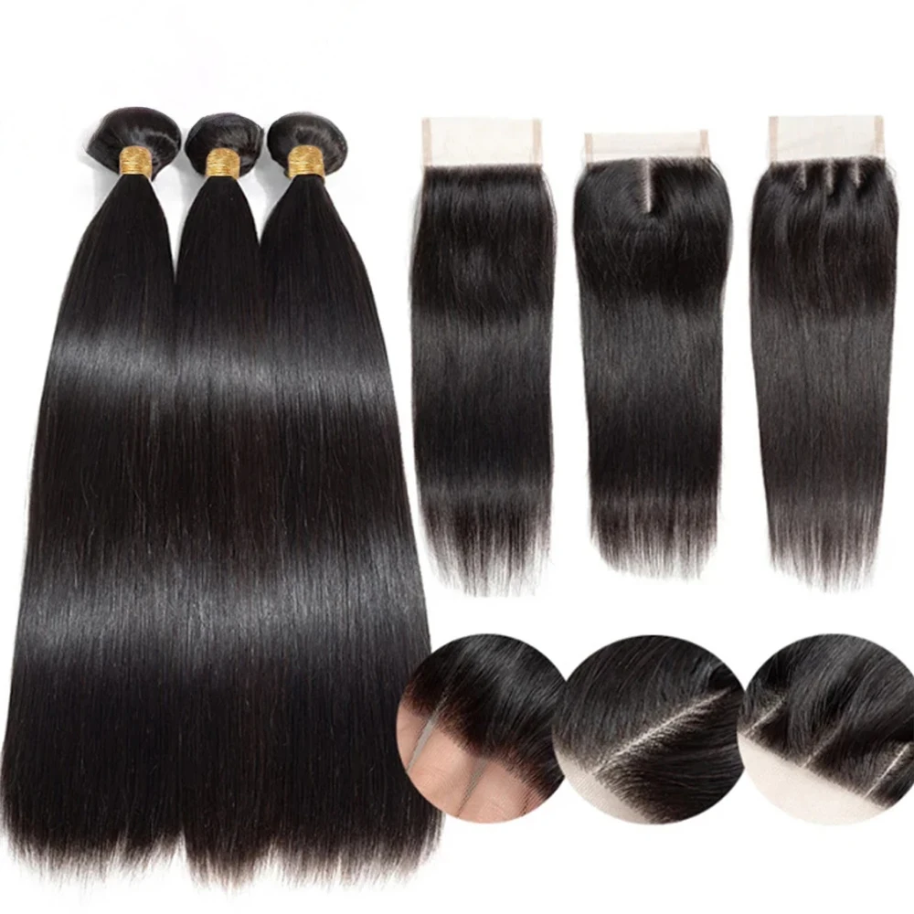 100% Human Hair Bundles with 4x4 Transparent Lace Closure Straight Brazilian Remy Hair for Black Women 3 4 Bundles With Closure