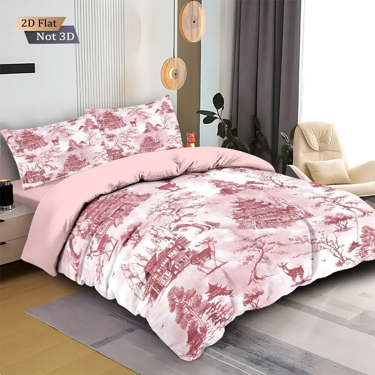 3pcs pink antique architectural print coreless bedding comfortable multi size bedroom dormitory duvet covers, machine washable