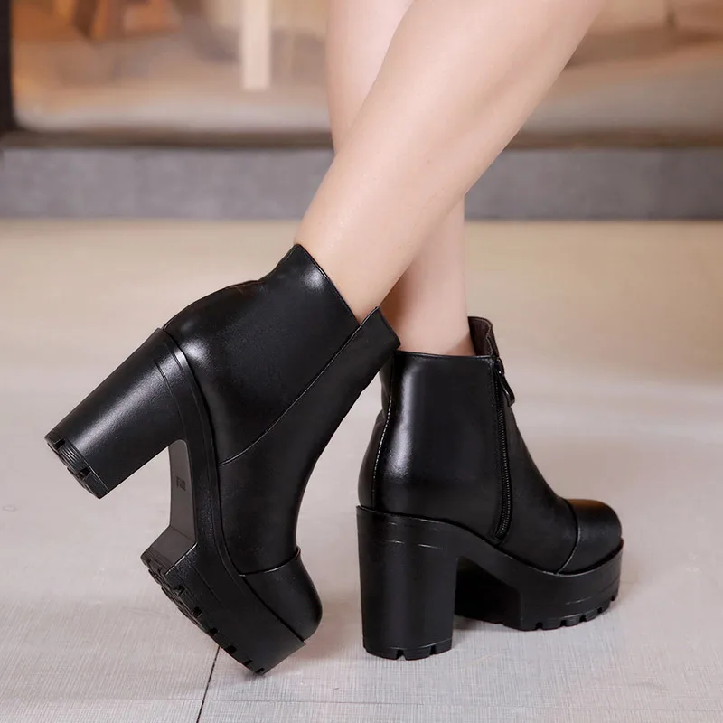 Plus Size 32-43 Fashion Women Shoes Zipper High Heel Ankle Boots For Women Shoes Winter Platform Plush Warm Ladie Snow Boots