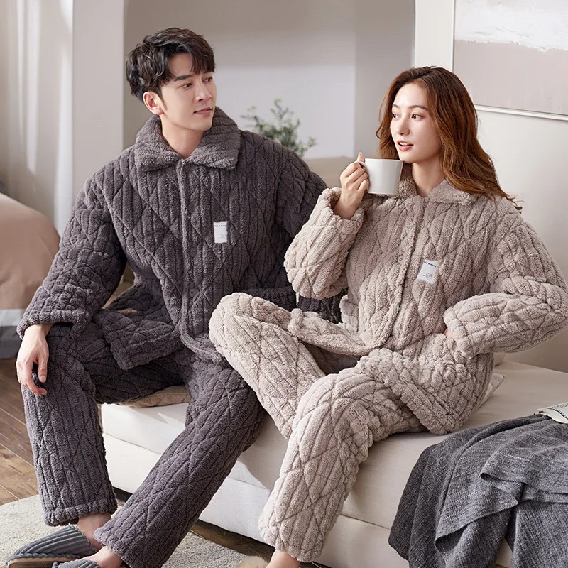 

Winter Warm Thick Men Pajama Casual Pajama Sets Breathable Air Cotton Interlayer Pijama Embroidery Elastic Waist Male Pajamas