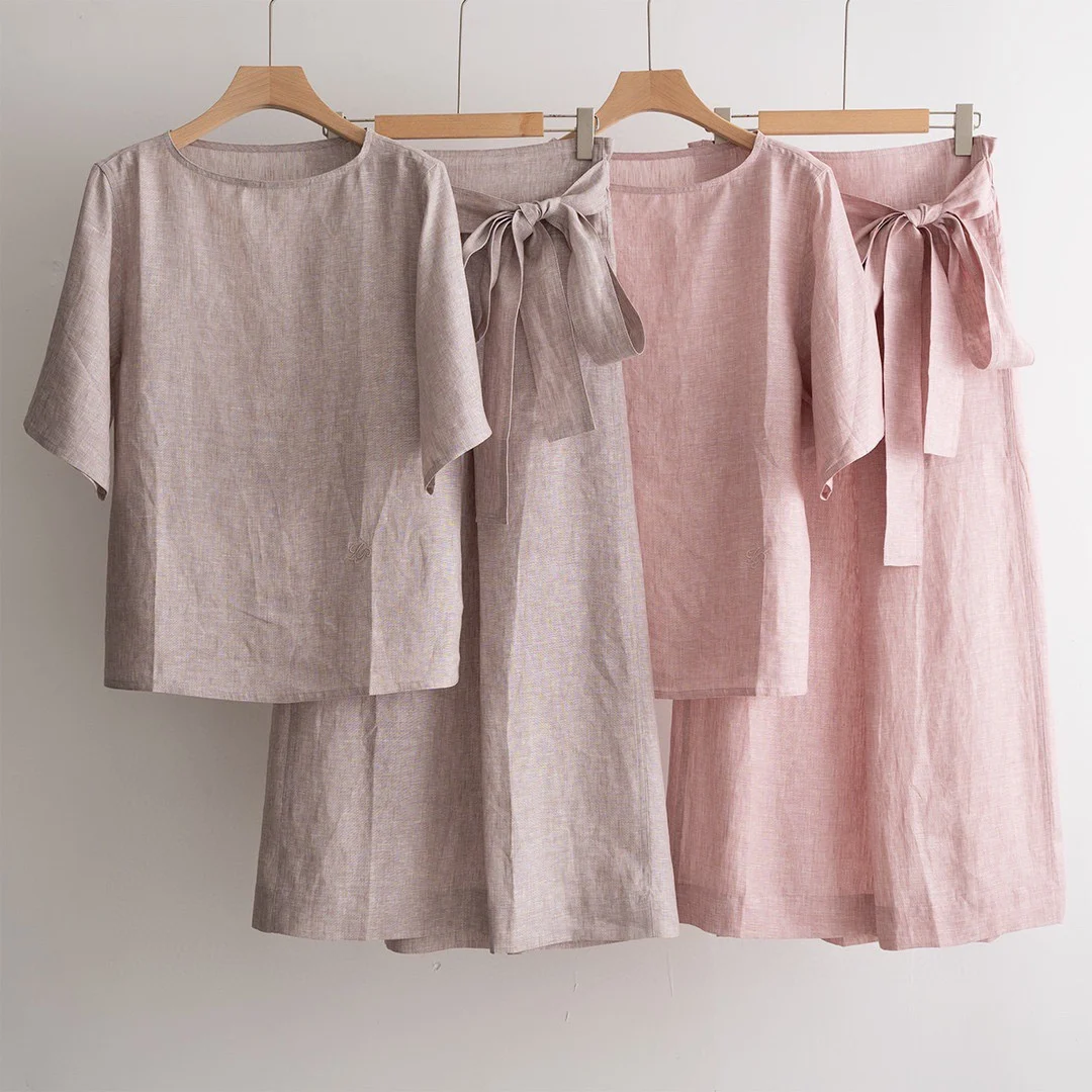 

Summer Vacation L*P Women's Skirts Suit Linen Pullover Shirt Top's + Linen High Waist Skirt Woman Clothing 2 Piece Set
