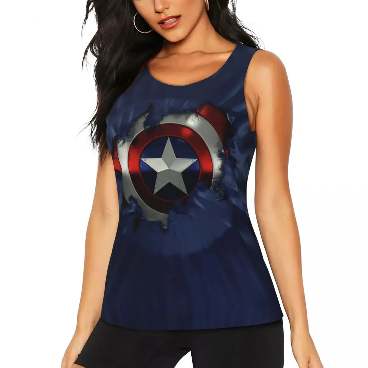Captain America Shield Comic Blue Workout Tank Tops Women's Quick Dry Sleeveless Yoga Shirts