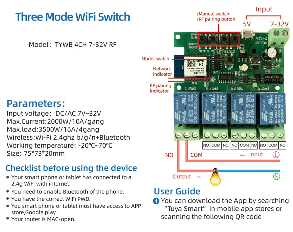 Tuya Wifi RF 4 Channel Module 85-265V Smart Switch Tuya Zigbee Garage Door Switc