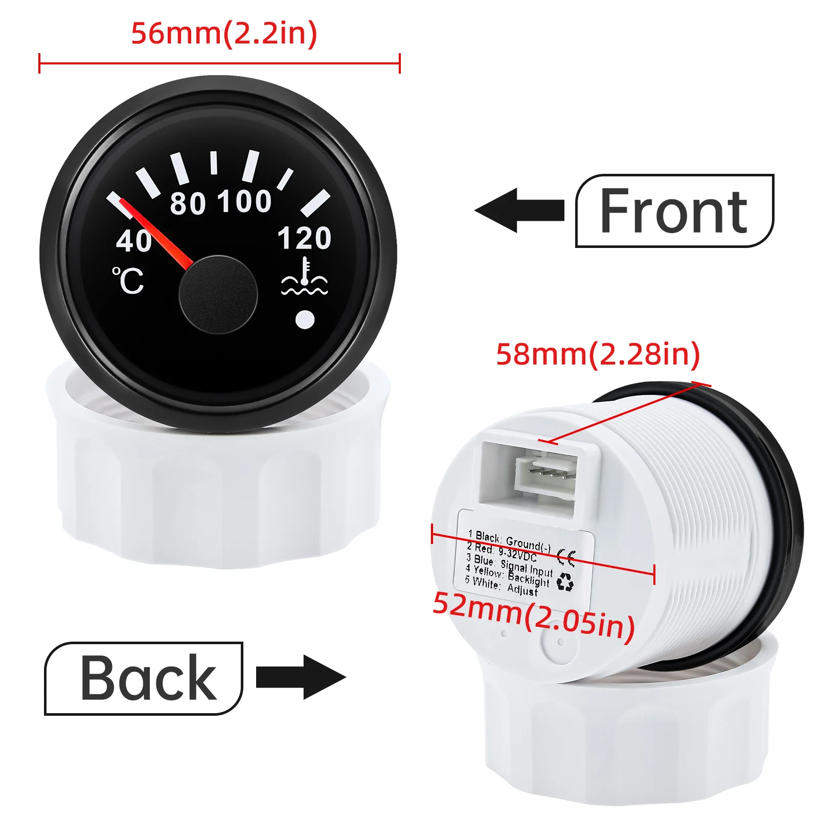 자동차 보트용 7색 LED 2인치(52MM) 수온계, 플래시 알람 기능 포함, 온도 센서 1/8NPT, 3/8NPT, M12X1.5, M14X1.5, M16X1.5 (옵션)