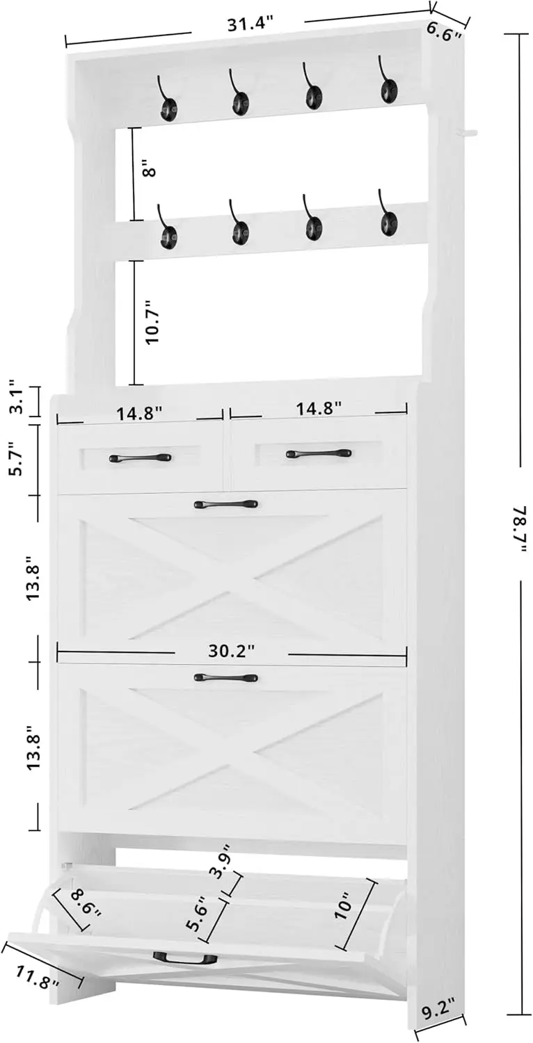 3 Flip Drawers & Coat Rack, Freestanding Wood Shoe Storage Organizer for Entryway, Hidden Narrow Shoe Rack Cabinet Organizer