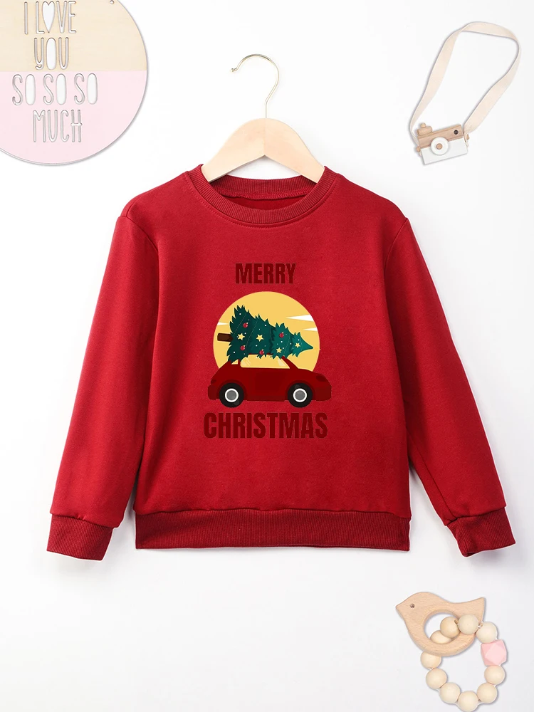 

Christmas Tree and Car Print Kids Hoodies Red Festival Style Fashion Boys and Girls Clothes Aesthetic Harajuku Xmas Sweatshirt
