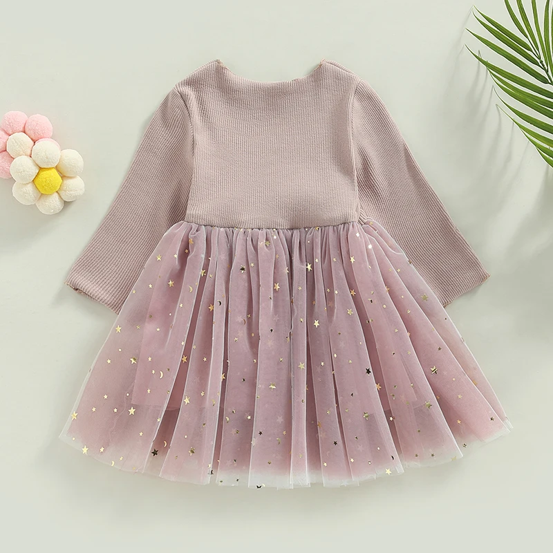 Girls Sequins Stars Moon Pattern Layered Tulle Tutu Dress Crew Neck Long Sleeve Autumn Princess Casual Dress for Toddler Kids