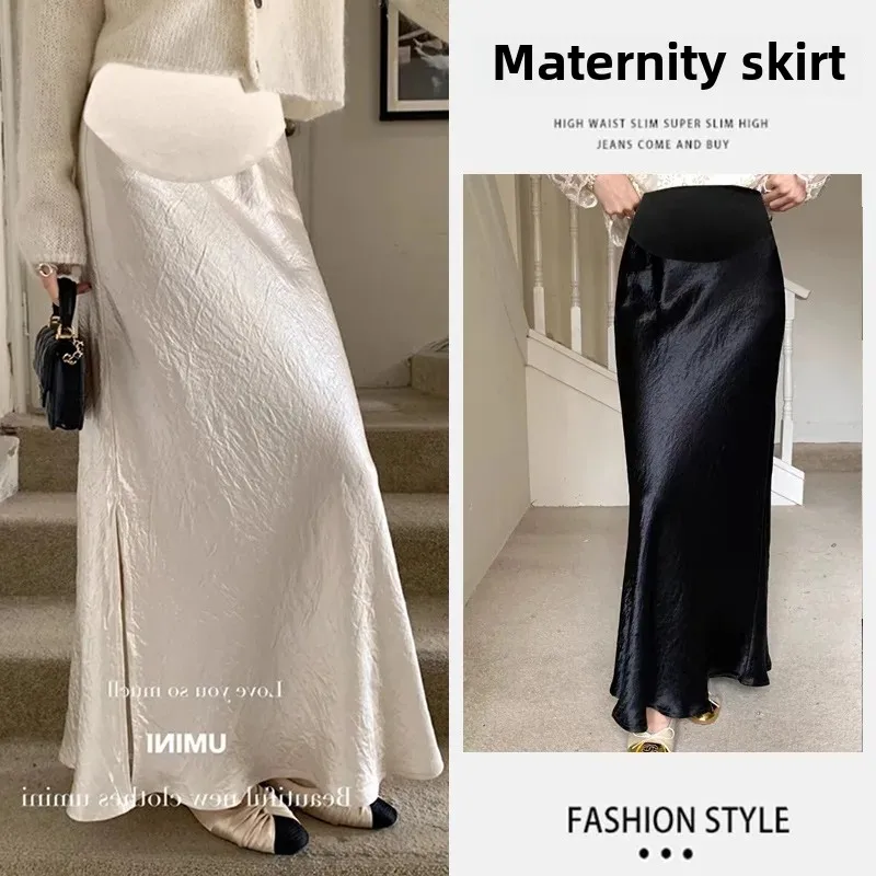 Maternity High Waist Asymmetrical Satin Fish Tail A- Line Skirt Women Summer Fashionable Wrap around Belly Support Skirts