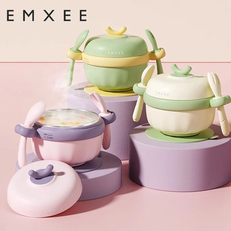 

EMXEE миска из нержавеющей стали, детская миска для инъекций воды с теплоизоляцией, детская миска и ложка, миска в комплекте с присоской