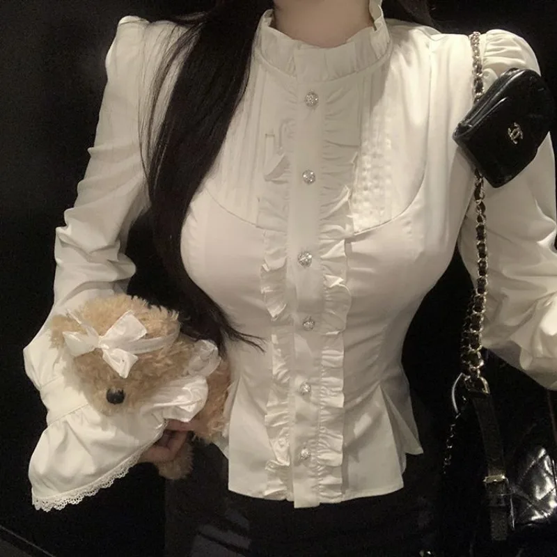 QWEEK Elegant White Long Sleeve Blouses Women Korean Fashion Luxury Button Up Shirts Female Spring Youth Chic Tunic Aesthetic qweek y2k vintage lace shirts women gothic aesthetic goth bandage blouse harajuku fairycore 2000s lolita v neck long sleeve tops