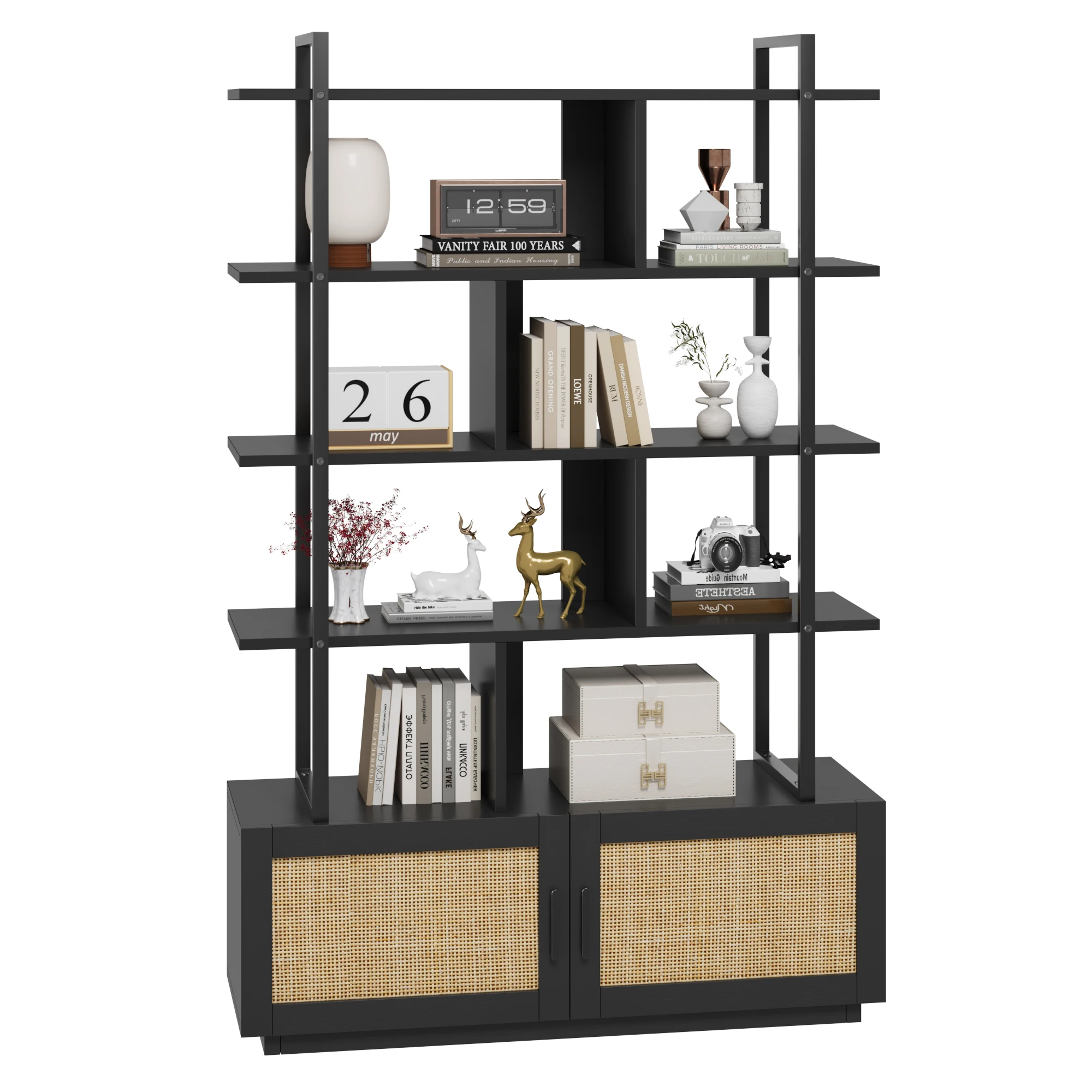 5 Tier Rattan Bookshelf with Storage Cabinet Door 71.1 Inch Tall Industrial Book Shelf with Open Display Shelves for Living Room
