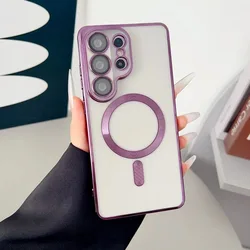 Transparent Plating Fashion Lens Protection Phone Case with Wireless Charging Compatibility - Galaxy S23 Ultra (Dark Purple)