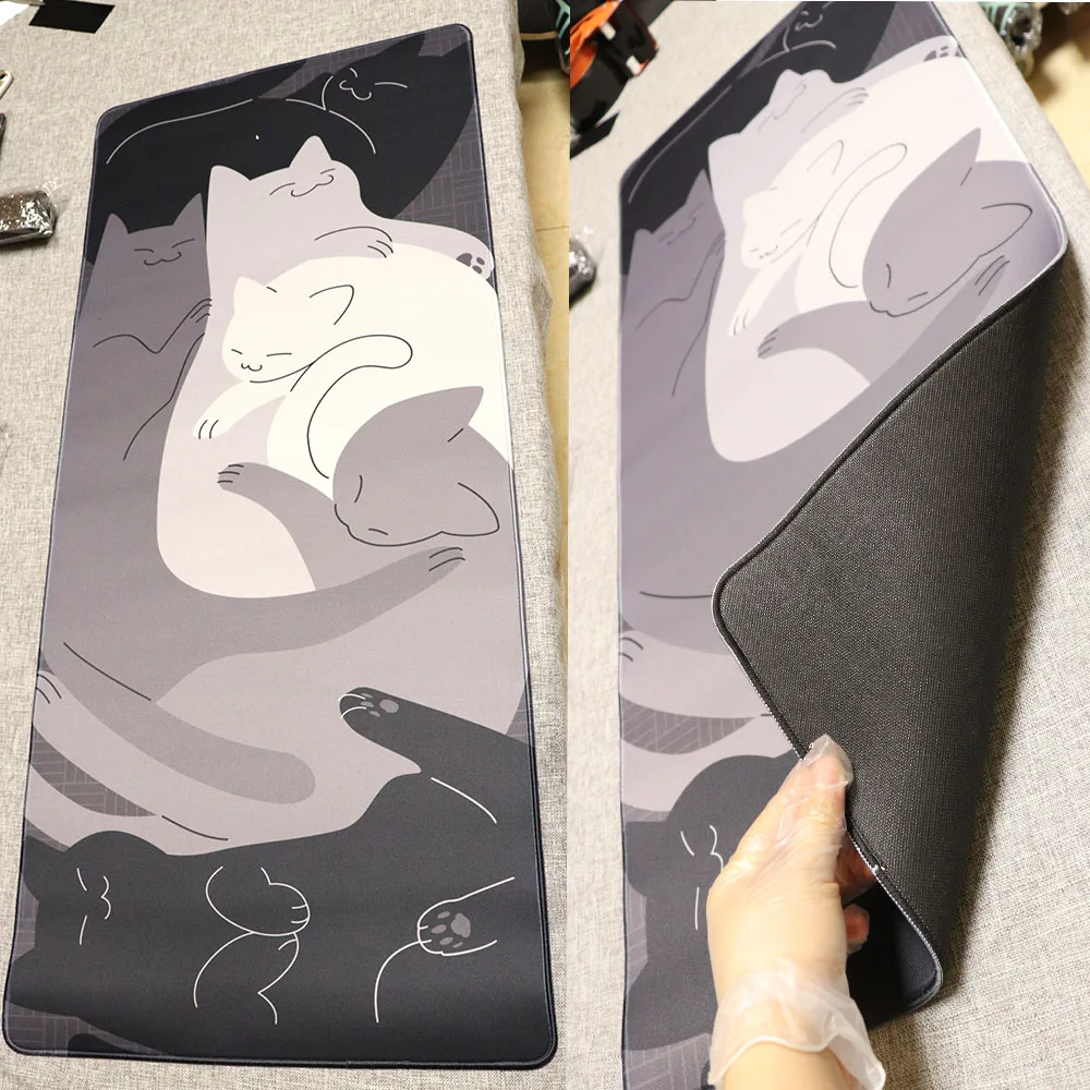 Kawaii Cat Mouse Pad Pink 90x40 Black and White with Cats Xxl Desk Mat Catpaw Mousepad Large Computer Slipmat Anime Accessories