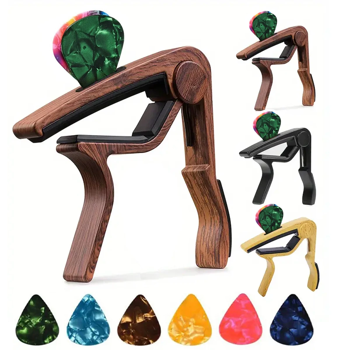 High-Quality Zinc Alloy Guitar Capo with 5 Celluloid Plectrums (Random Colors) - Fits Acoustic, Electric, Classical, and Ukulele