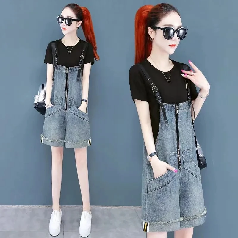 Korean Jumpsuit Shorts For Women Summer Loose Wide Leg Short Overalls Jeans Casual Zipper Pockets Denim Rompers Female Playsuits