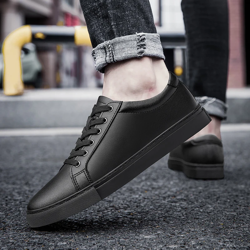 Handmade Black Leather Casual Sneakers - Mens Autumn Flats
